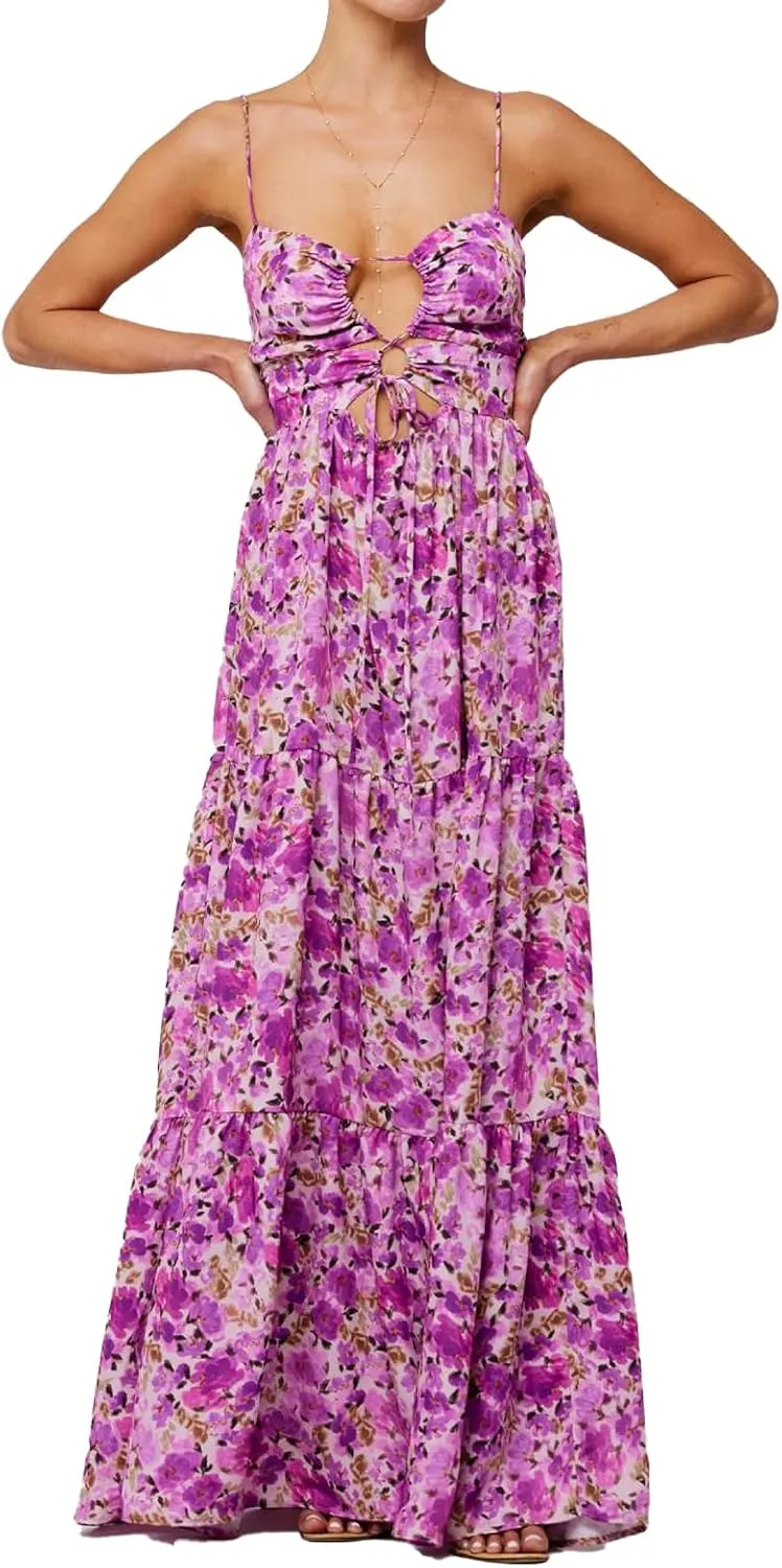Women Floral Maxi Dress Tie Front Cut Out Backless Boho Spaghetti Strap Summer Beach Sundress