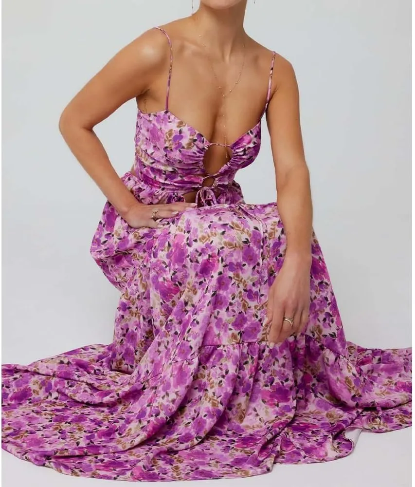 Women Floral Maxi Dress Tie Front Cut Out Backless Boho Spaghetti Strap Summer Beach Sundress