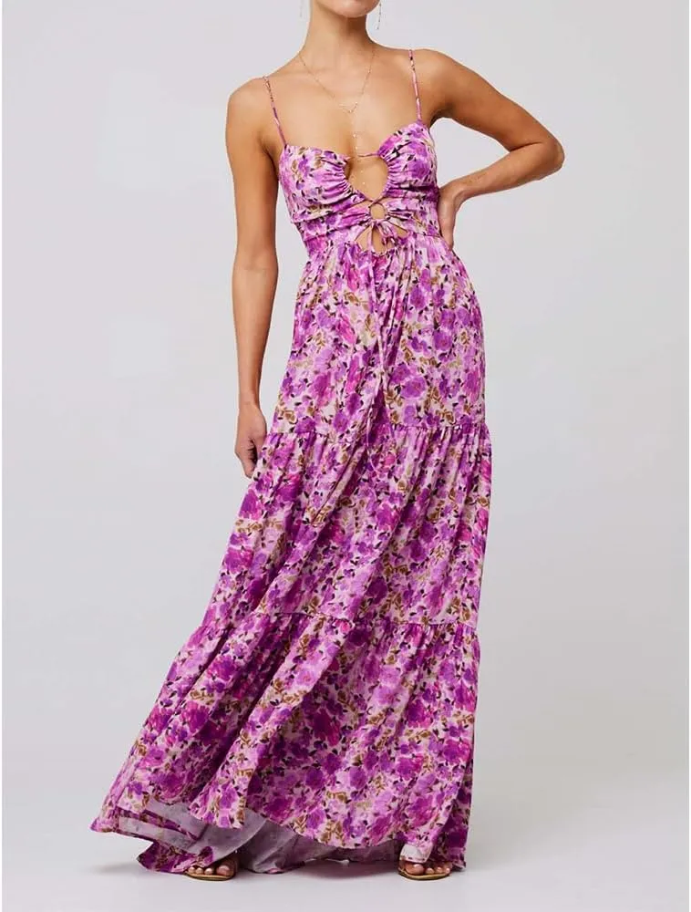 Women Floral Maxi Dress Tie Front Cut Out Backless Boho Spaghetti Strap Summer Beach Sundress