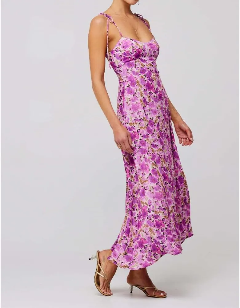 Women Floral Maxi Dress Tie Front Cut Out Backless Boho Spaghetti Strap Summer Beach Sundress