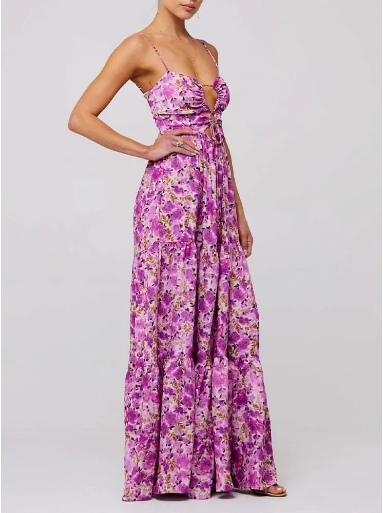 Women Floral Maxi Dress Tie Front Cut Out Backless Boho Spaghetti Strap Summer Beach Sundress