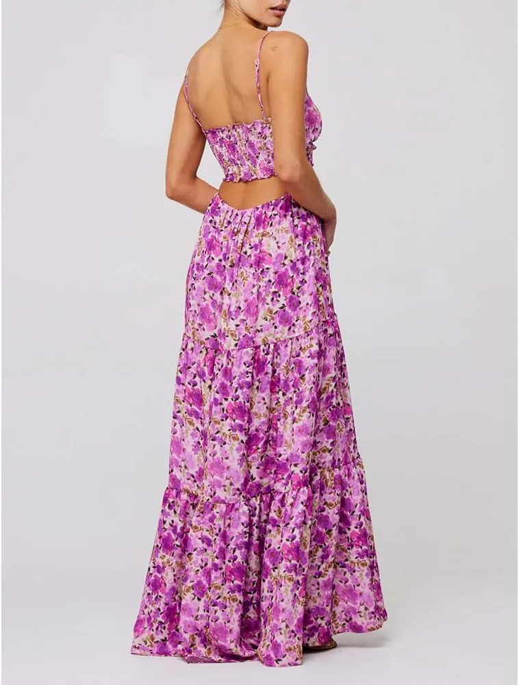 Women Floral Maxi Dress Tie Front Cut Out Backless Boho Spaghetti Strap Summer Beach Sundress