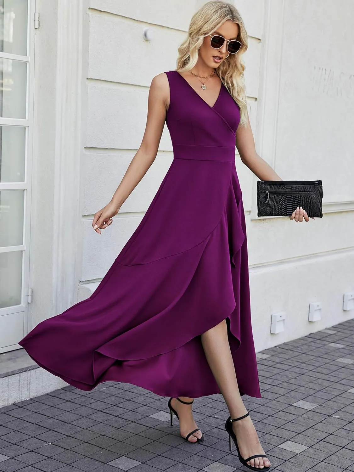 Women Formal Dresses,V Neck Evening Gowns for Women 2024 Long Wedding Guest Party Sleeveless Prom Pockets Dress