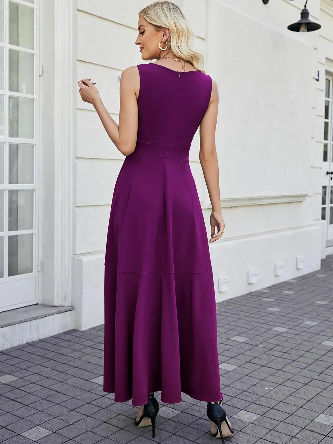 Women Formal Dresses,V Neck Evening Gowns for Women 2024 Long Wedding Guest Party Sleeveless Prom Pockets Dress