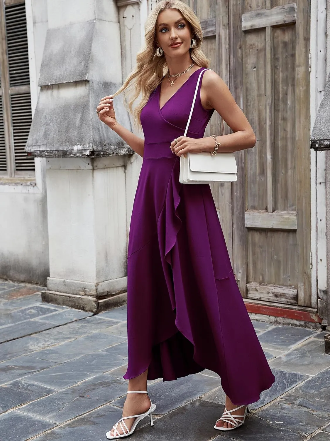 Women Formal Dresses,V Neck Evening Gowns for Women 2024 Long Wedding Guest Party Sleeveless Prom Pockets Dress