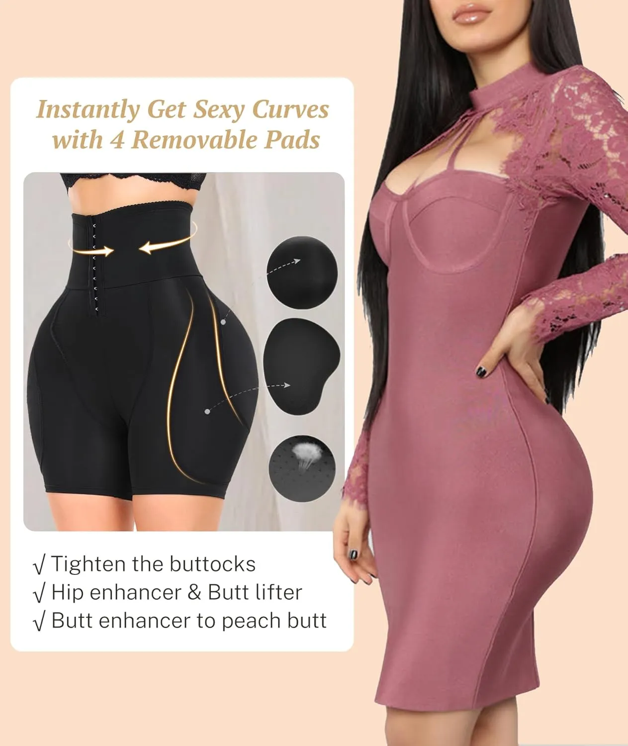 Women Hip Padded Butt Lifter Shapewear Tummy Control Shorts Hook Closure Removable 4 Pads for Bigger Butt