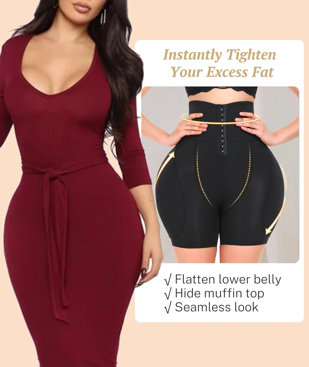 Women Hip Padded Butt Lifter Shapewear Tummy Control Shorts Hook Closure Removable 4 Pads for Bigger Butt