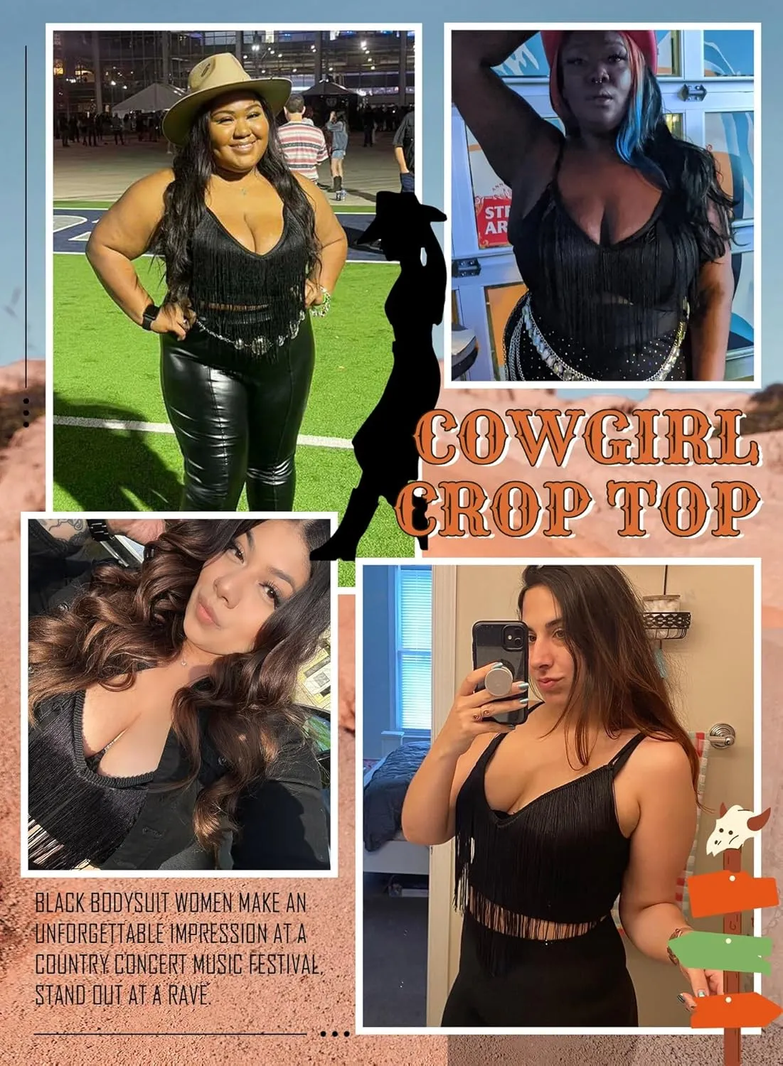 Women Plus Size Cowgirl Fringe Crop Top - Western Country Concert Outfit Rave Festival Tank Tassel Boho Rodeo Shirt