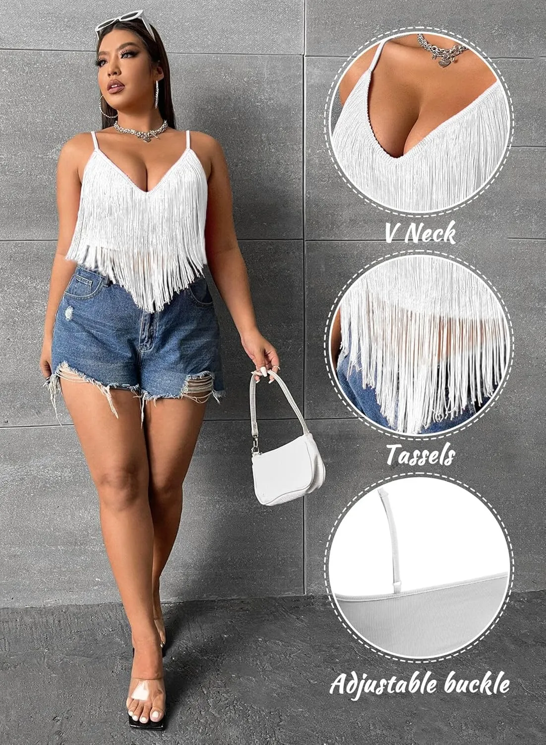 Women Plus Size Cowgirl Fringe Crop Top - Western Country Concert Outfit Rave Festival Tank Tassel Boho Rodeo Shirt