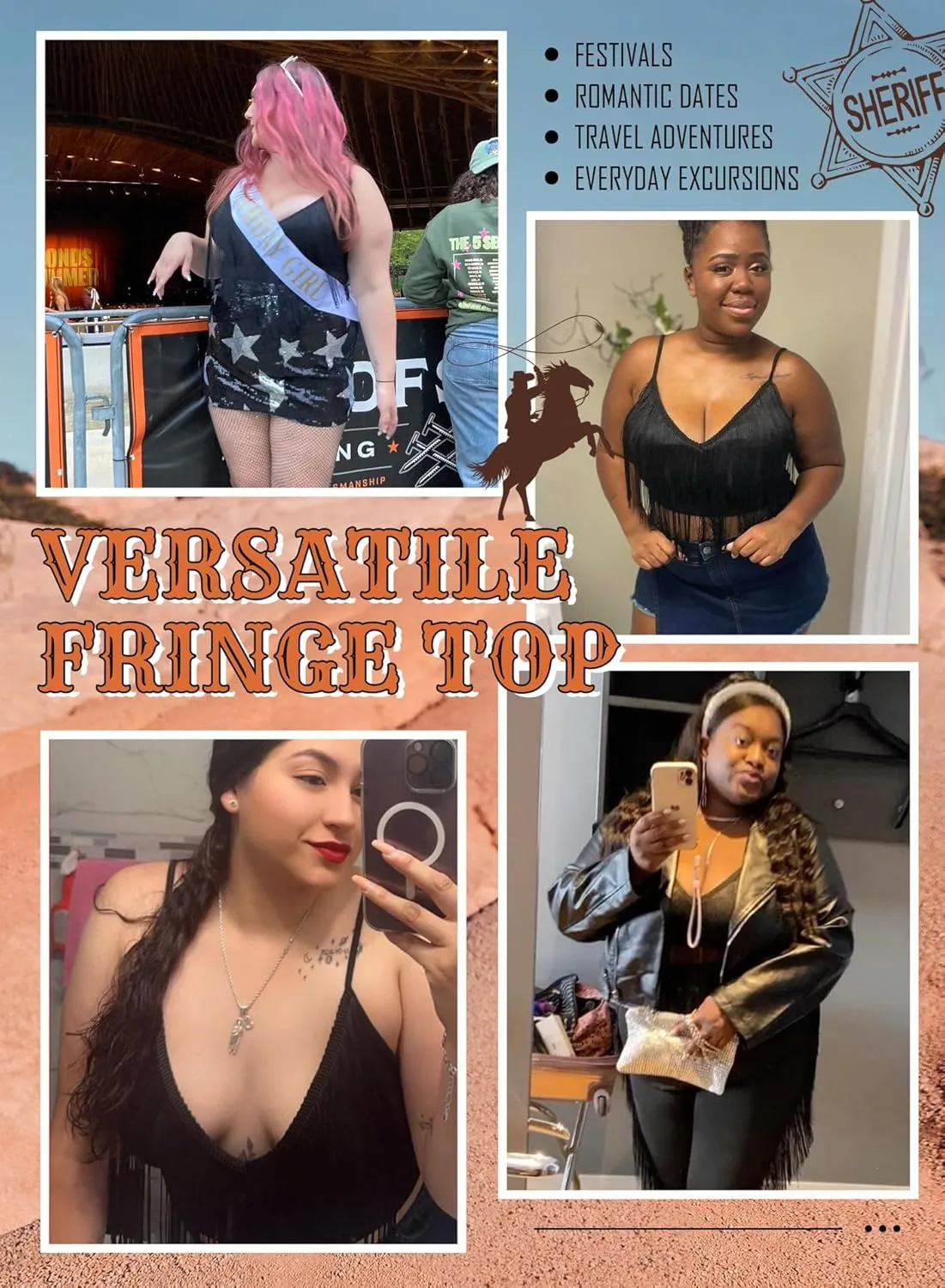Women Plus Size Cowgirl Fringe Crop Top - Western Country Concert Outfit Rave Festival Tank Tassel Boho Rodeo Shirt