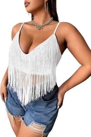 Women Plus Size Cowgirl Fringe Crop Top - Western Country Concert Outfit Rave Festival Tank Tassel Boho Rodeo Shirt