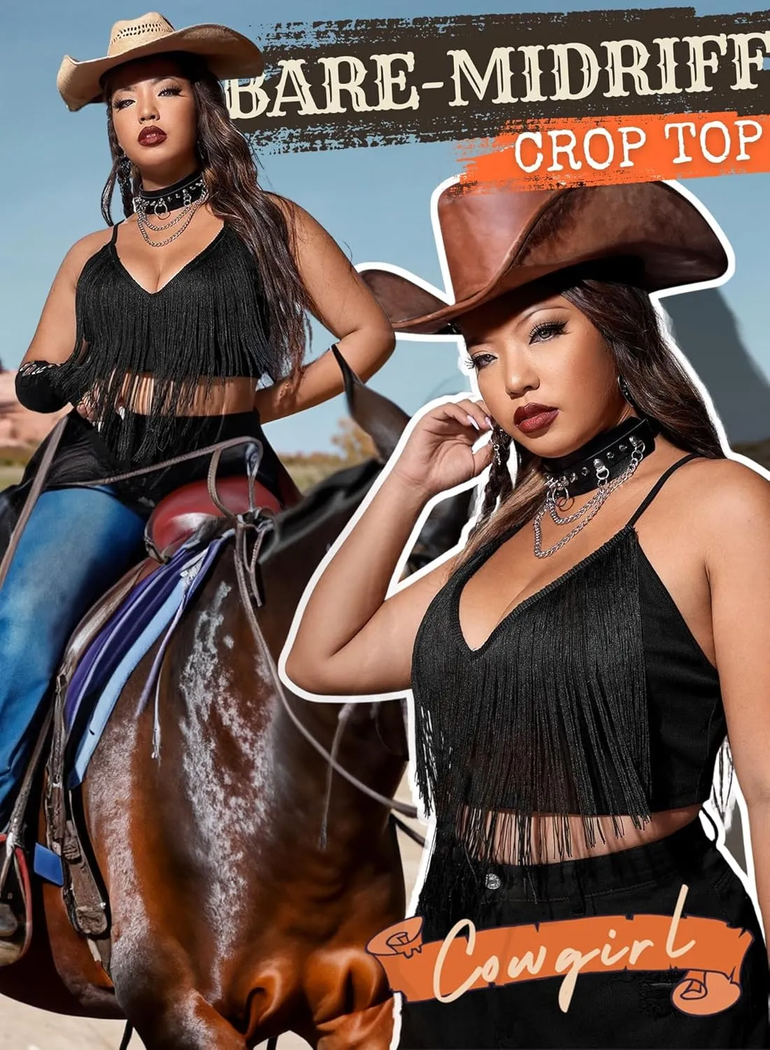 Women Plus Size Cowgirl Fringe Crop Top - Western Country Concert Outfit Rave Festival Tank Tassel Boho Rodeo Shirt