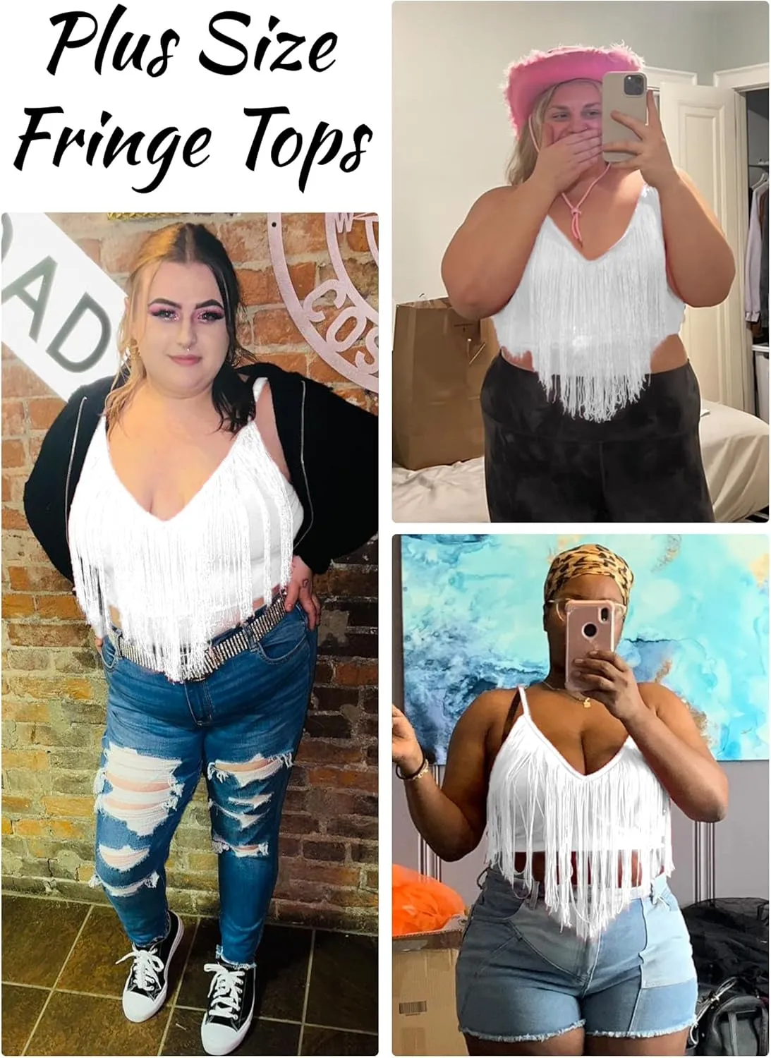 Women Plus Size Cowgirl Fringe Crop Top - Western Country Concert Outfit Rave Festival Tank Tassel Boho Rodeo Shirt