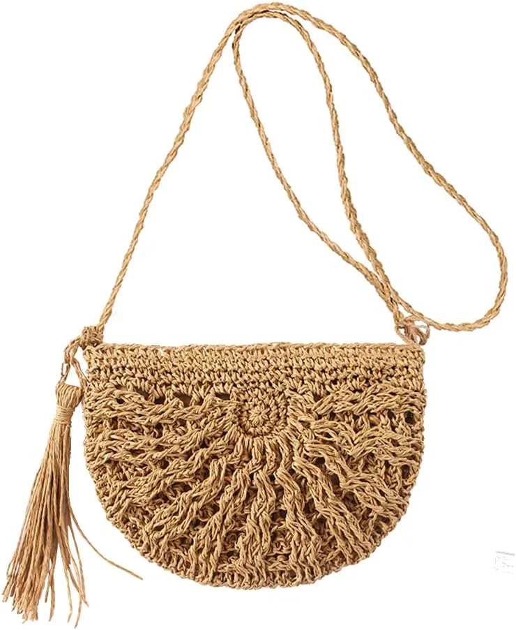 Women Straw Crossbody Purse Beach Handmade Woven Shoulder Bag Cotton Crochet Tassel Square Bag Bohemian Messenger Bag