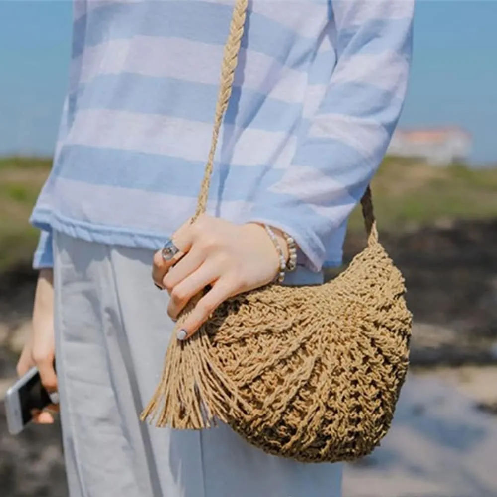 Women Straw Crossbody Purse Beach Handmade Woven Shoulder Bag Cotton Crochet Tassel Square Bag Bohemian Messenger Bag