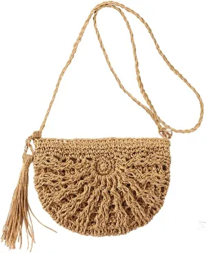 Women Straw Crossbody Purse Beach Handmade Woven Shoulder Bag Cotton Crochet Tassel Square Bag Bohemian Messenger Bag