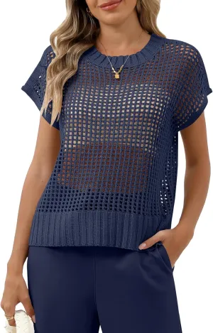 Women Summer Short Sleeve Crochet Sheer Knit Sweater Top Beach Cover Up Hollow Out Sexy See Through T-Shirts