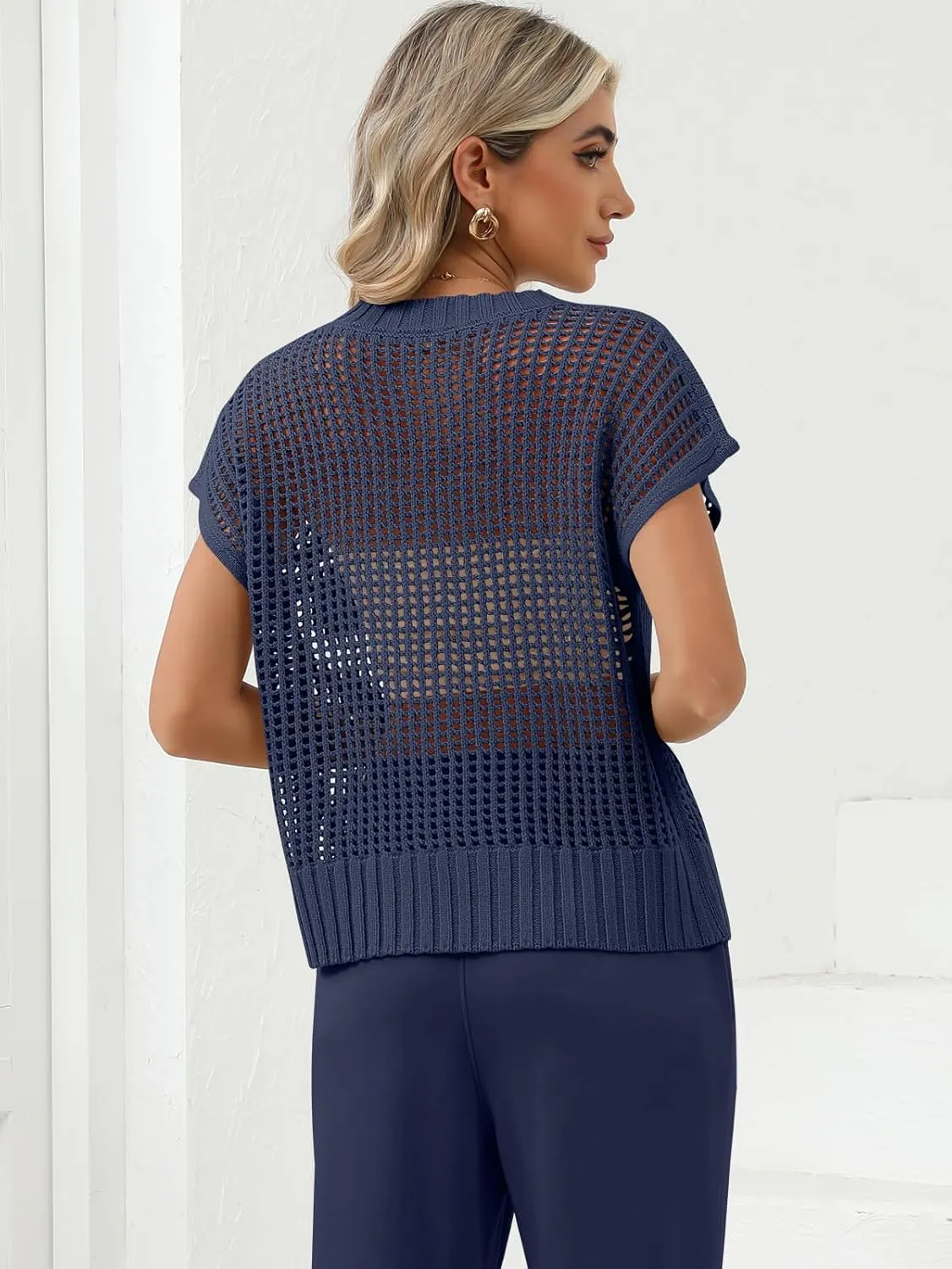 Women Summer Short Sleeve Crochet Sheer Knit Sweater Top Beach Cover Up Hollow Out Sexy See Through T-Shirts
