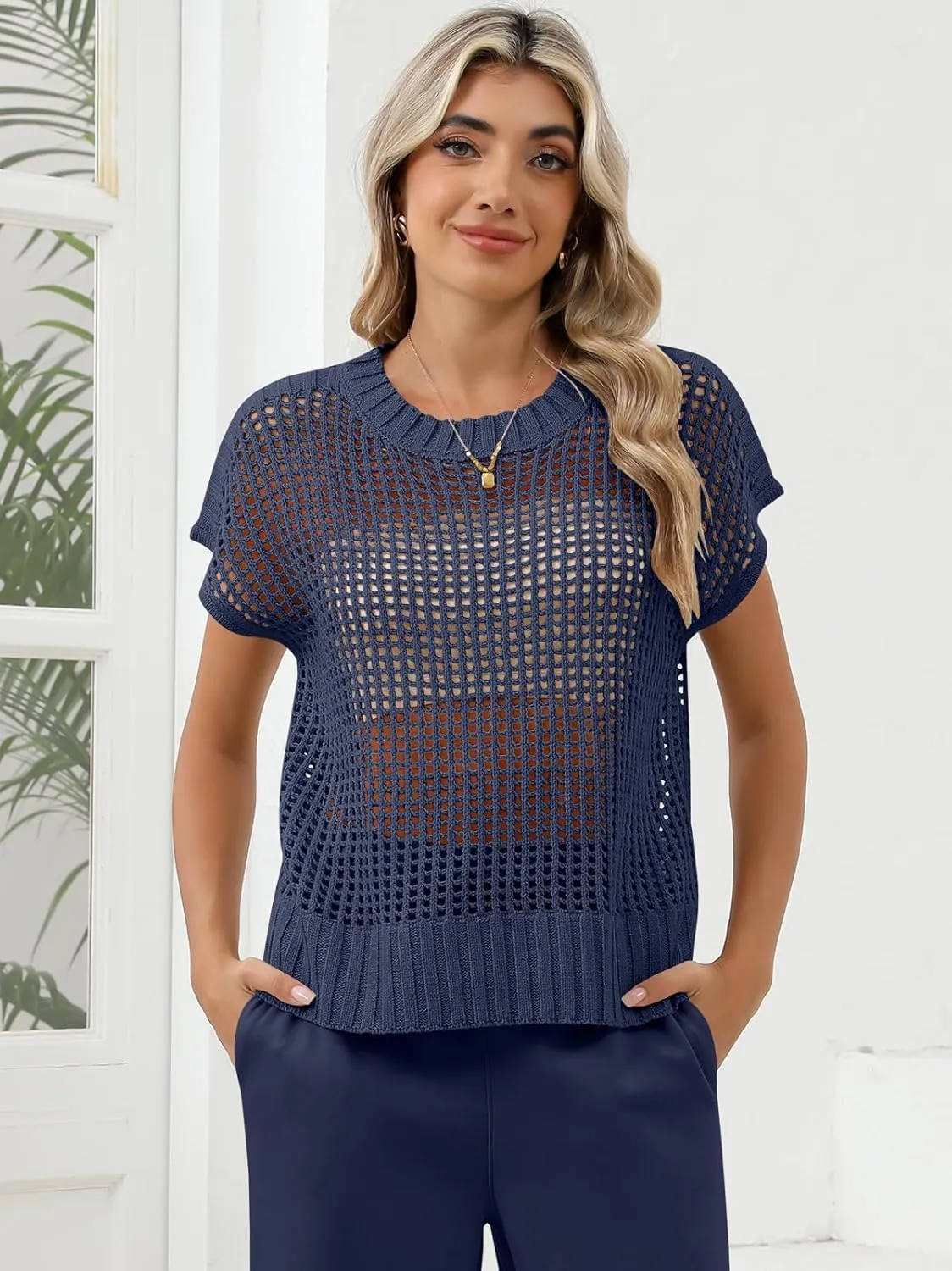 Women Summer Short Sleeve Crochet Sheer Knit Sweater Top Beach Cover Up Hollow Out Sexy See Through T-Shirts