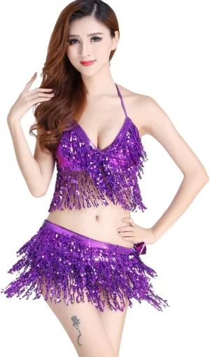 Women's Belly Dance Costume Bra Top with Chest & Hip Scarf with Fringe