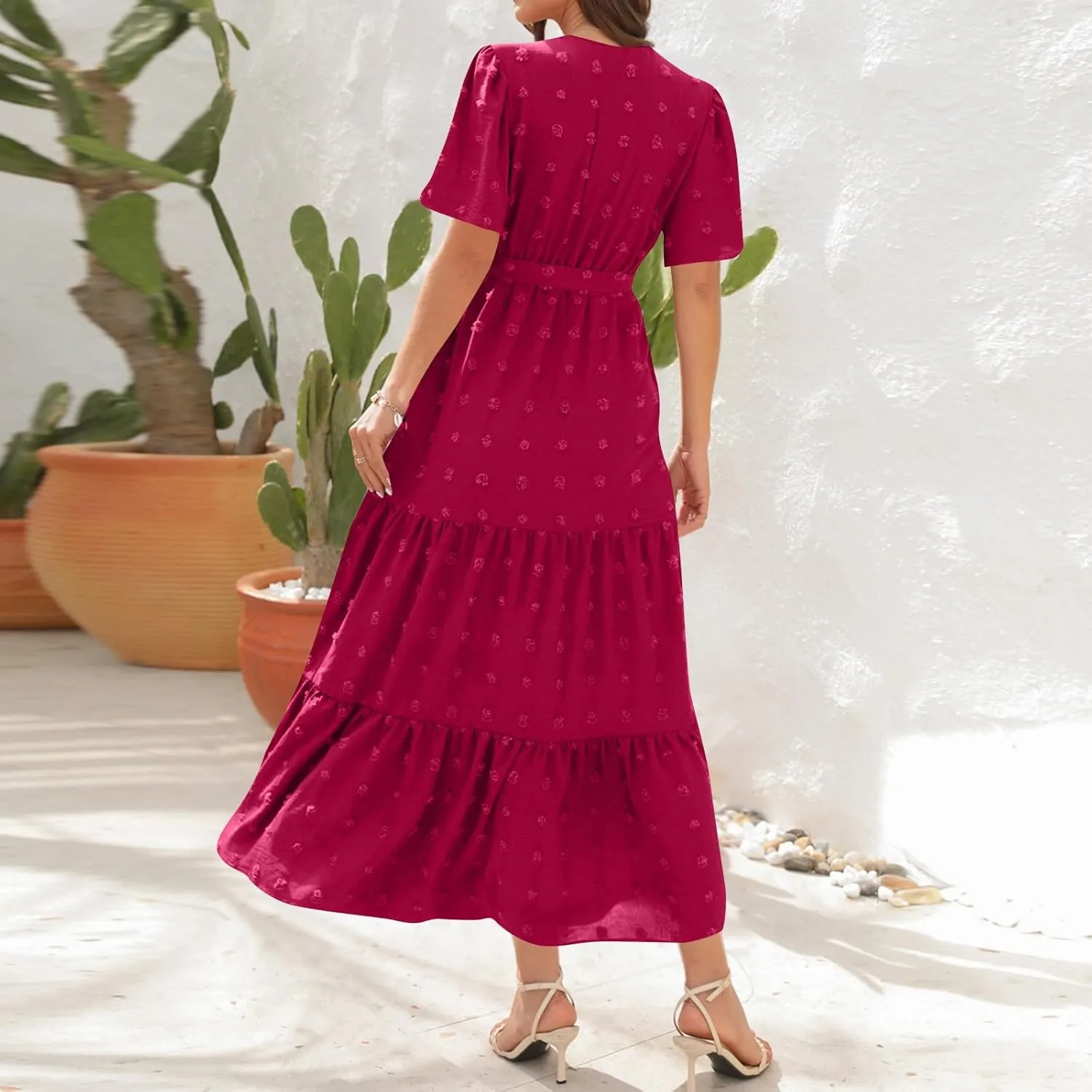 Womens Boho Swiss Dot Maxi Dresses Wrap V Neck Flutter Short Sleeve Solid Tie Belt A Line Tiered Flowy Long Dress