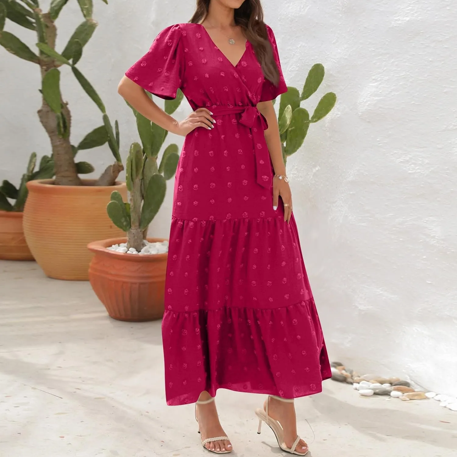 Womens Boho Swiss Dot Maxi Dresses Wrap V Neck Flutter Short Sleeve Solid Tie Belt A Line Tiered Flowy Long Dress