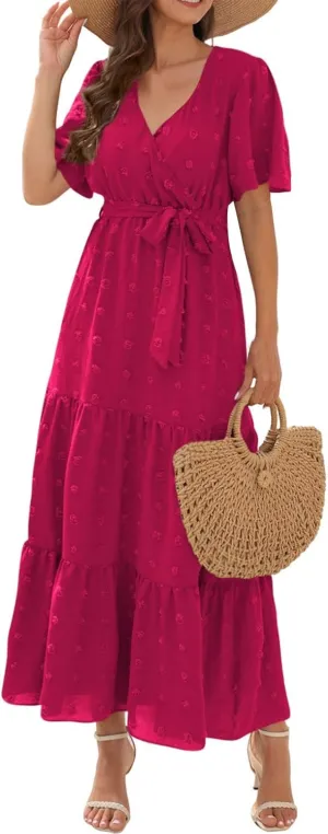 Womens Boho Swiss Dot Maxi Dresses Wrap V Neck Flutter Short Sleeve Solid Tie Belt A Line Tiered Flowy Long Dress