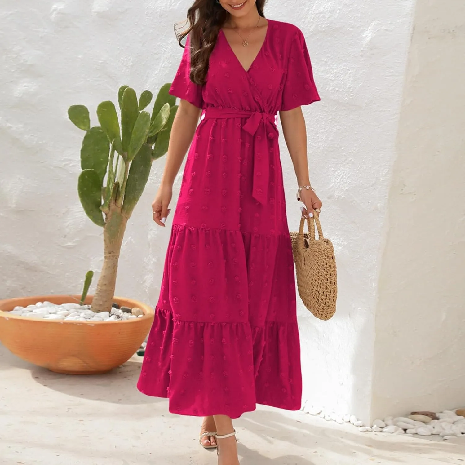 Womens Boho Swiss Dot Maxi Dresses Wrap V Neck Flutter Short Sleeve Solid Tie Belt A Line Tiered Flowy Long Dress