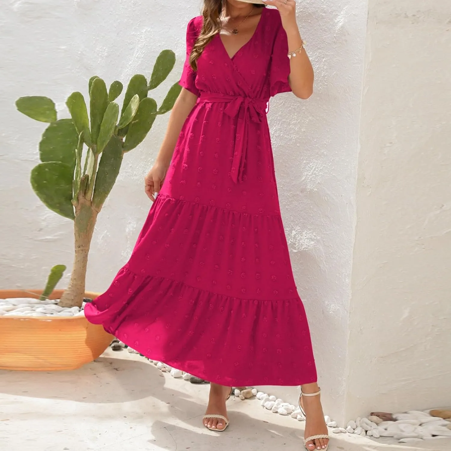 Womens Boho Swiss Dot Maxi Dresses Wrap V Neck Flutter Short Sleeve Solid Tie Belt A Line Tiered Flowy Long Dress