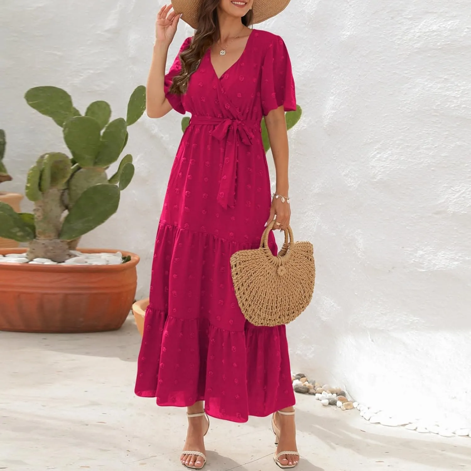 Womens Boho Swiss Dot Maxi Dresses Wrap V Neck Flutter Short Sleeve Solid Tie Belt A Line Tiered Flowy Long Dress