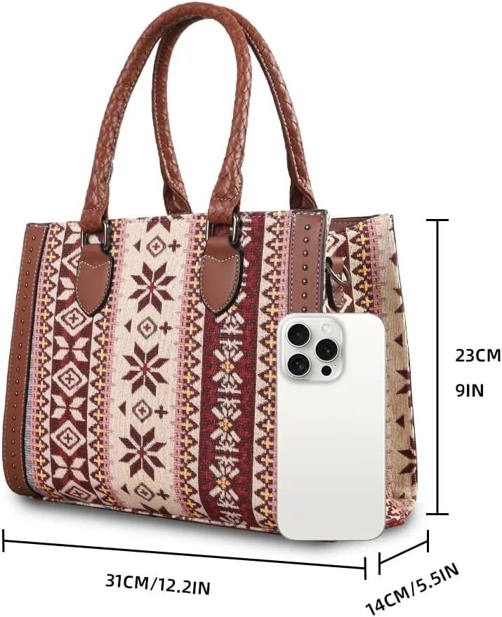 Women's Boho Tote Bag Vintage Travel Handbag Large Shoulder Bag with Adjustable Strap & Clutch Crossbody Purse for Work