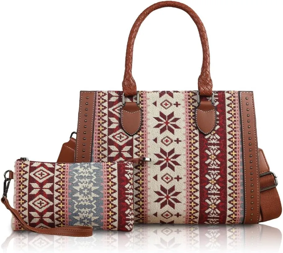 Women's Boho Tote Bag Vintage Travel Handbag Large Shoulder Bag with Adjustable Strap & Clutch Crossbody Purse for Work