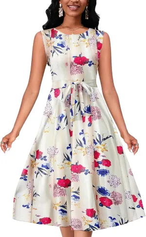 Women's Casual Floral Printed Sleeveless Dress for Women Round Neck Flowy Party Midi Dresses