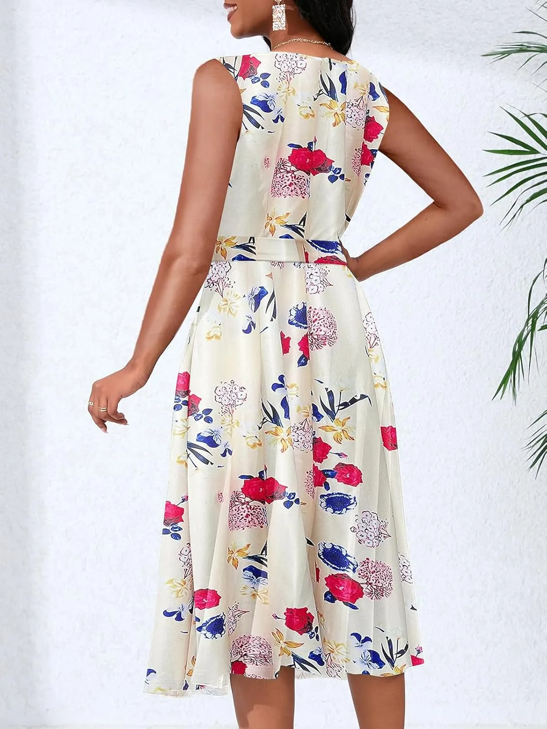 Women's Casual Floral Printed Sleeveless Dress for Women Round Neck Flowy Party Midi Dresses