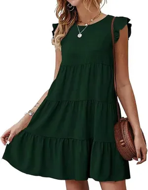 Womens Casual Short Sleeve Beach Dress Tiered Simple Solid Color Sundresses Flowy Loose Summer Dress