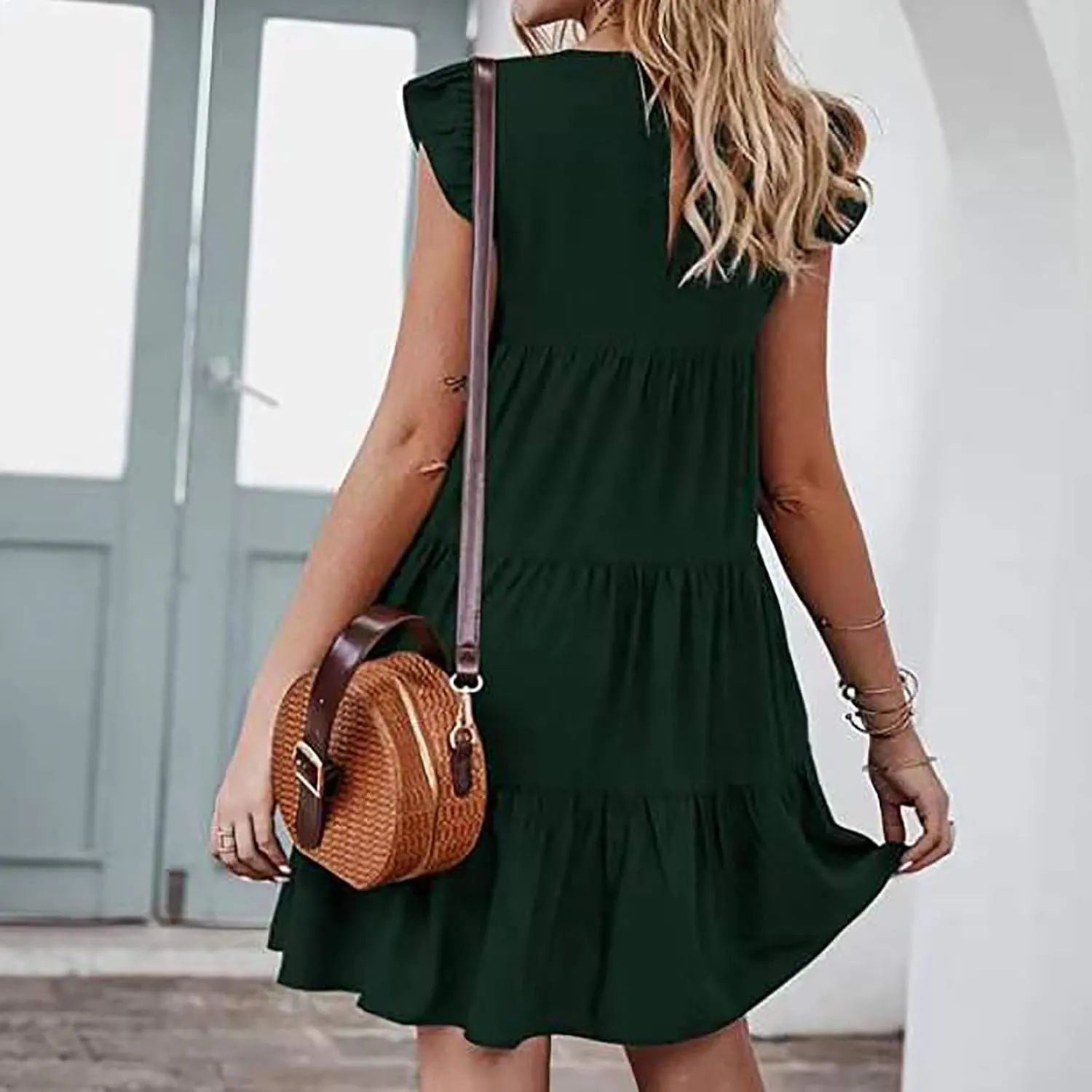 Womens Casual Short Sleeve Beach Dress Tiered Simple Solid Color Sundresses Flowy Loose Summer Dress