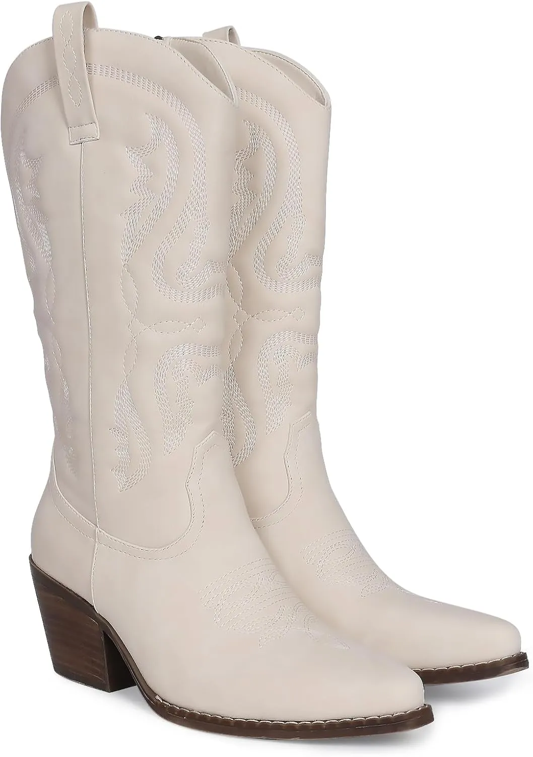 Womens Cowboy Boots Embroidered Western Cowgirl Mid Calf Boots with Block Chunky Heel Comfortable Retro Pull On Pointed Toe Wide Calf Long Tall