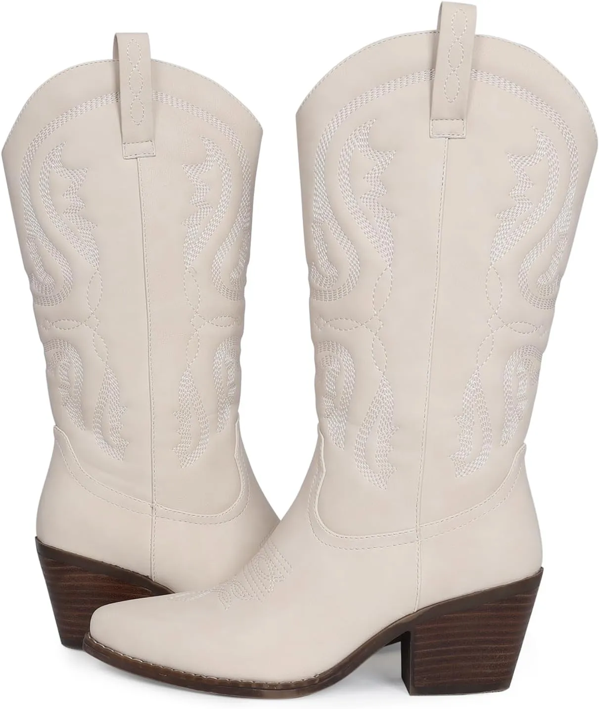 Womens Cowboy Boots Embroidered Western Cowgirl Mid Calf Boots with Block Chunky Heel Comfortable Retro Pull On Pointed Toe Wide Calf Long Tall