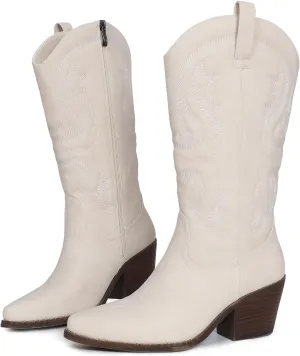 Womens Cowboy Boots Embroidered Western Cowgirl Mid Calf Boots with Block Chunky Heel Comfortable Retro Pull On Pointed Toe Wide Calf Long Tall