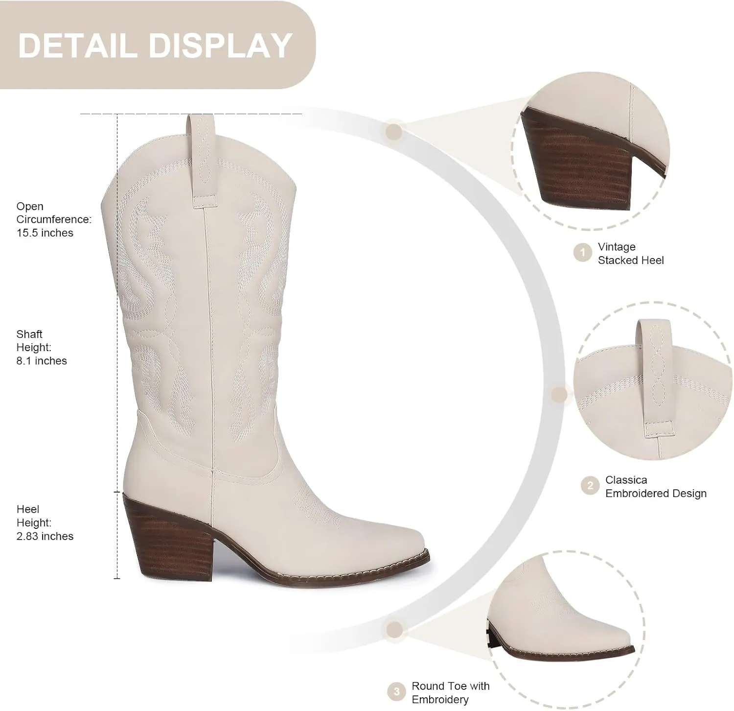 Womens Cowboy Boots Embroidered Western Cowgirl Mid Calf Boots with Block Chunky Heel Comfortable Retro Pull On Pointed Toe Wide Calf Long Tall