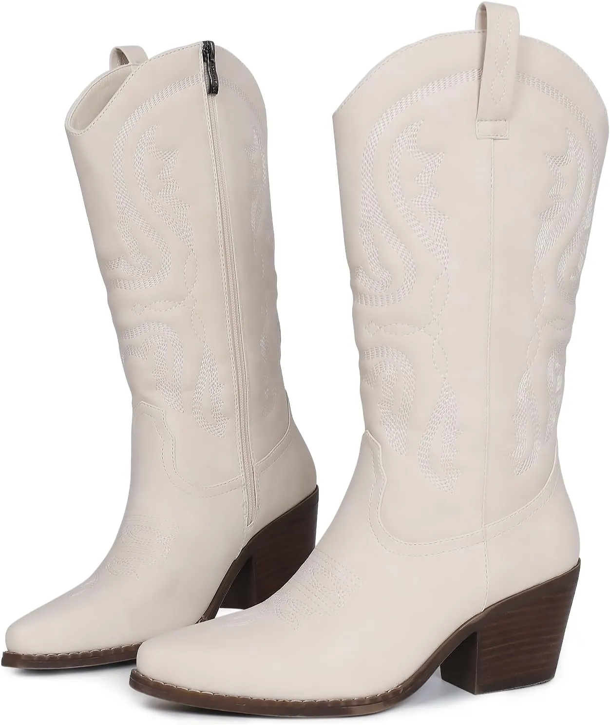 Womens Cowboy Boots Embroidered Western Cowgirl Mid Calf Boots with Block Chunky Heel Comfortable Retro Pull On Pointed Toe Wide Calf Long Tall