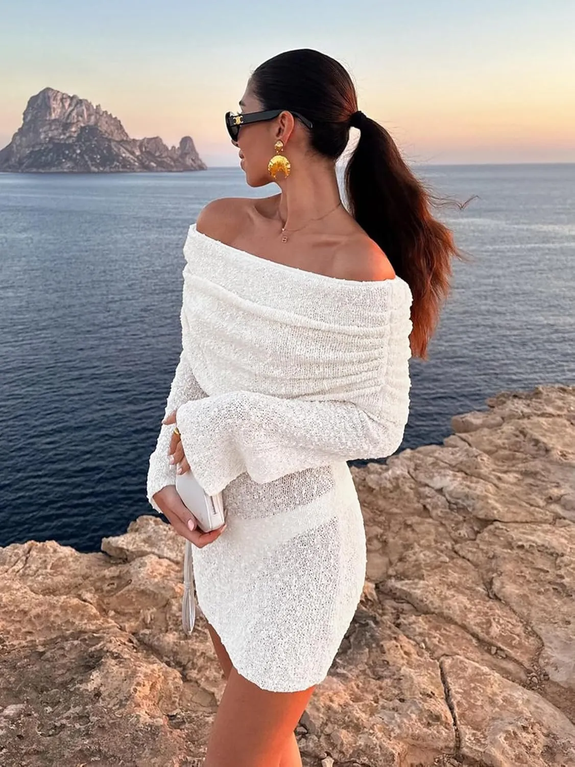 Womens Crochet Knit Swimsuit Coverup Mini Dress Summer 2025 Off Shoulder Sheer Mesh Beach Bathing Suit Cover Up
