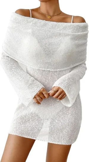 Womens Crochet Knit Swimsuit Coverup Mini Dress Summer 2025 Off Shoulder Sheer Mesh Beach Bathing Suit Cover Up