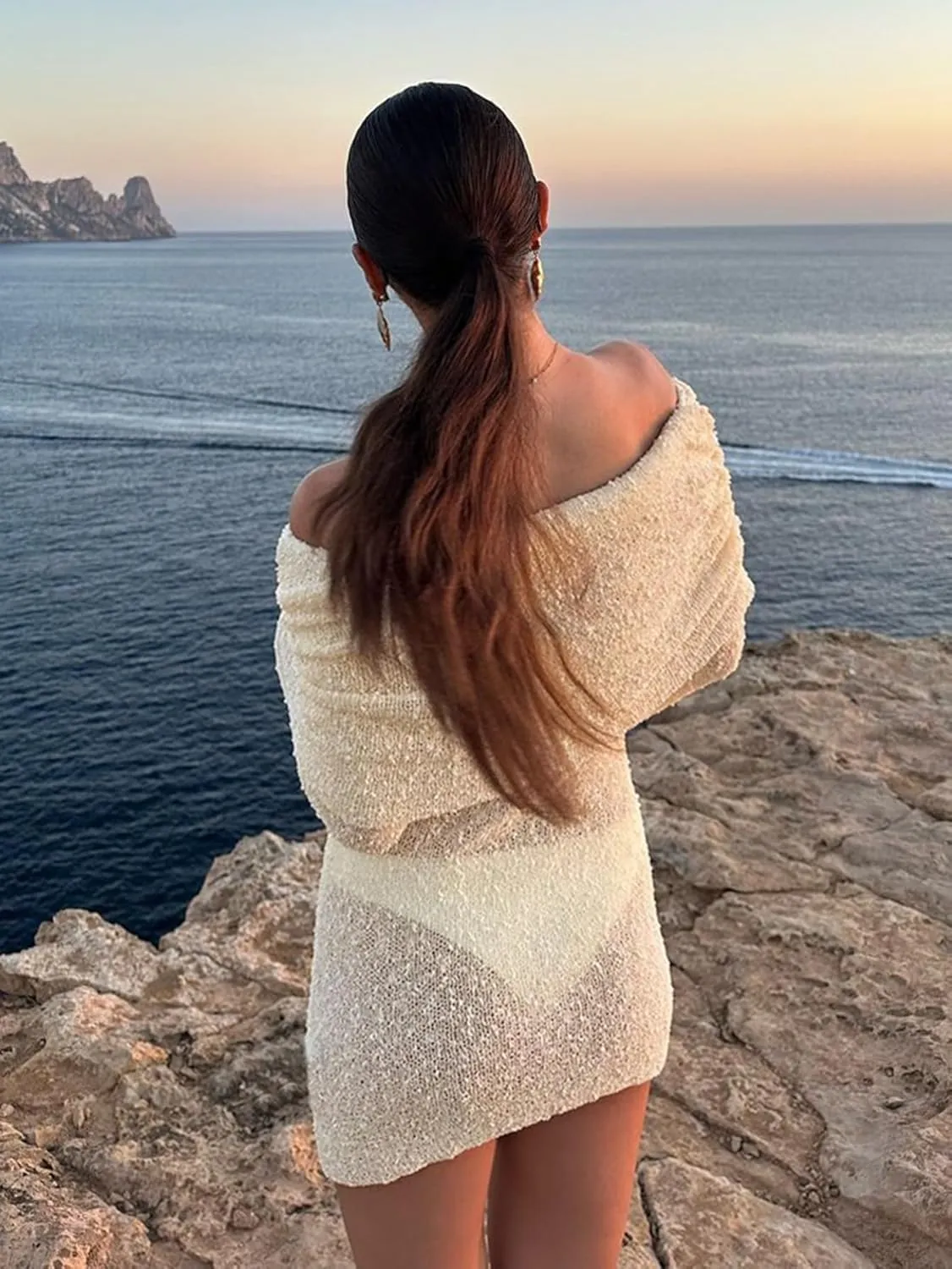 Womens Crochet Knit Swimsuit Coverup Mini Dress Summer 2025 Off Shoulder Sheer Mesh Beach Bathing Suit Cover Up