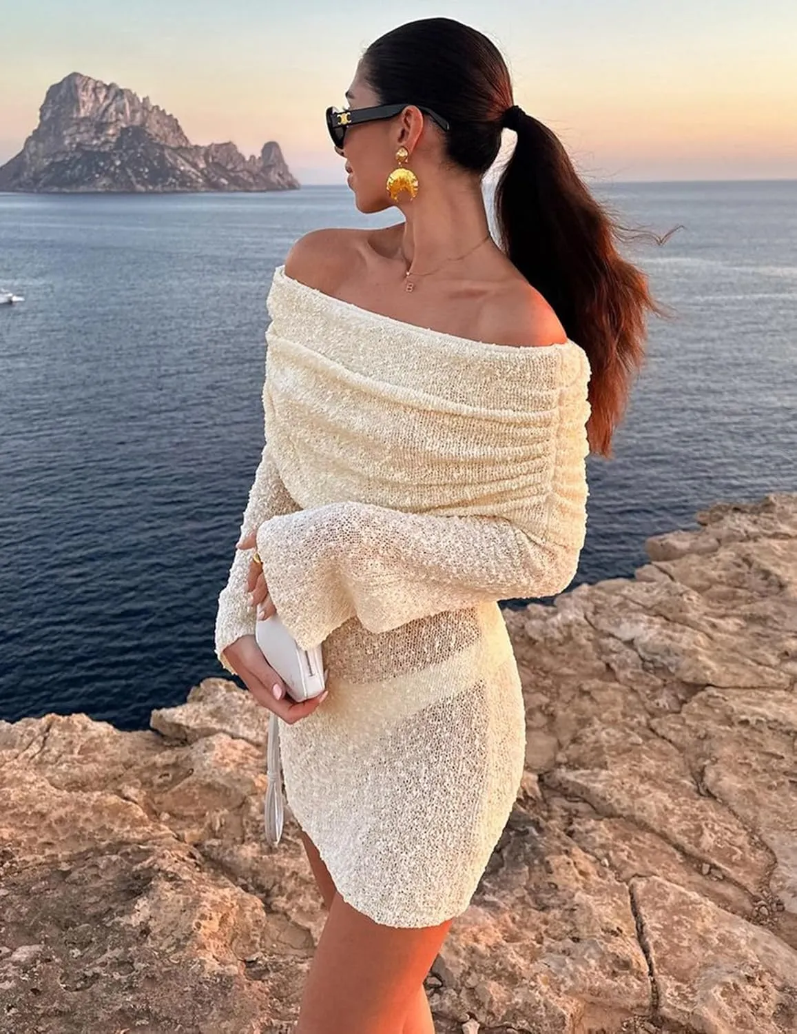 Womens Crochet Knit Swimsuit Coverup Mini Dress Summer 2025 Off Shoulder Sheer Mesh Beach Bathing Suit Cover Up