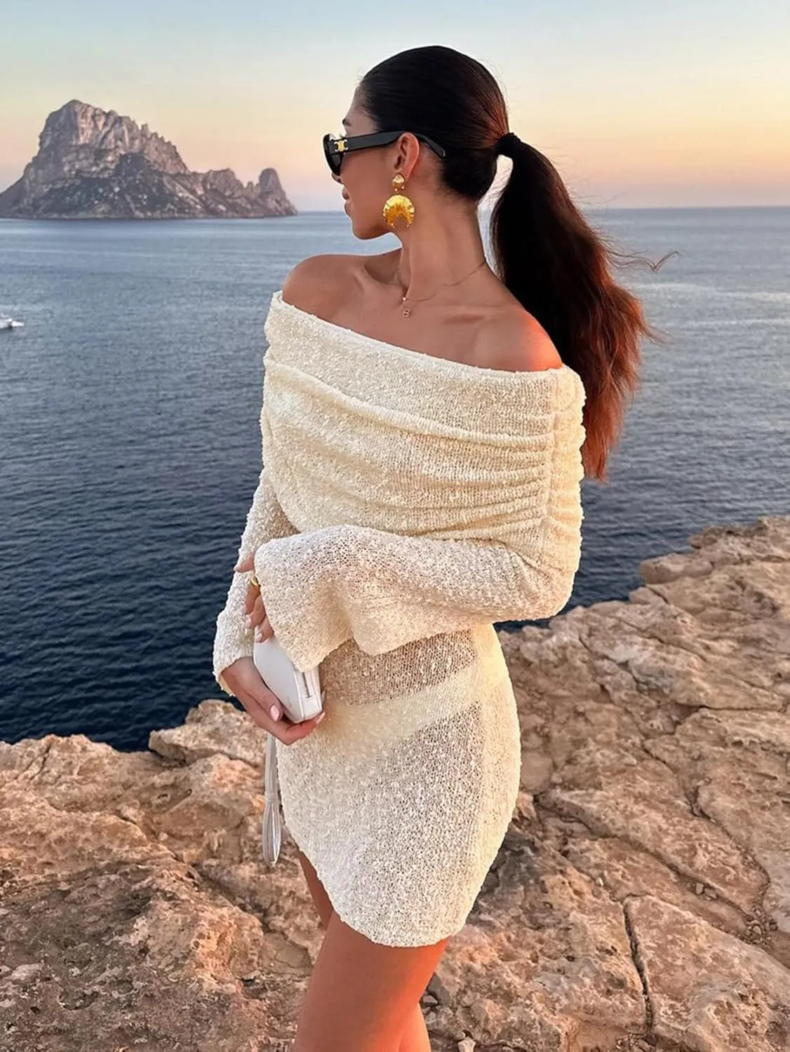 Womens Crochet Knit Swimsuit Coverup Mini Dress Summer 2025 Off Shoulder Sheer Mesh Beach Bathing Suit Cover Up