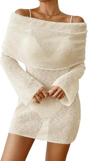 Womens Crochet Knit Swimsuit Coverup Mini Dress Summer 2025 Off Shoulder Sheer Mesh Beach Bathing Suit Cover Up