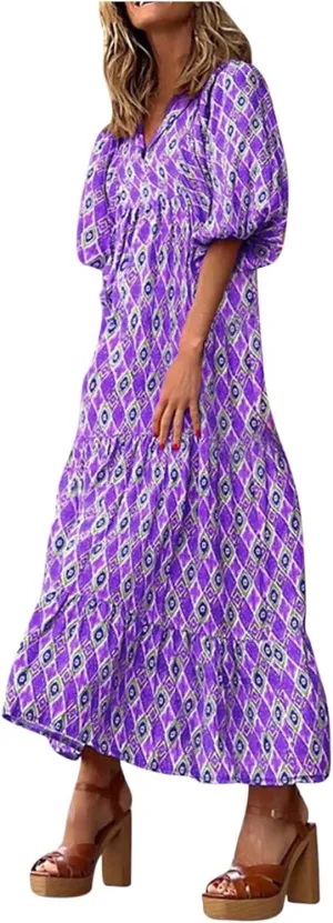 Women's Elbow Sleeve Loose Sundress Cute Flower Graphic Print Maxi Dress Casual Trendy Summer Dresses