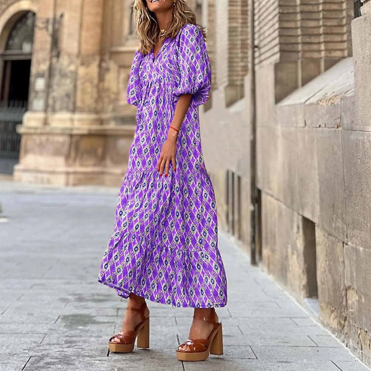 Women's Elbow Sleeve Loose Sundress Cute Flower Graphic Print Maxi Dress Casual Trendy Summer Dresses