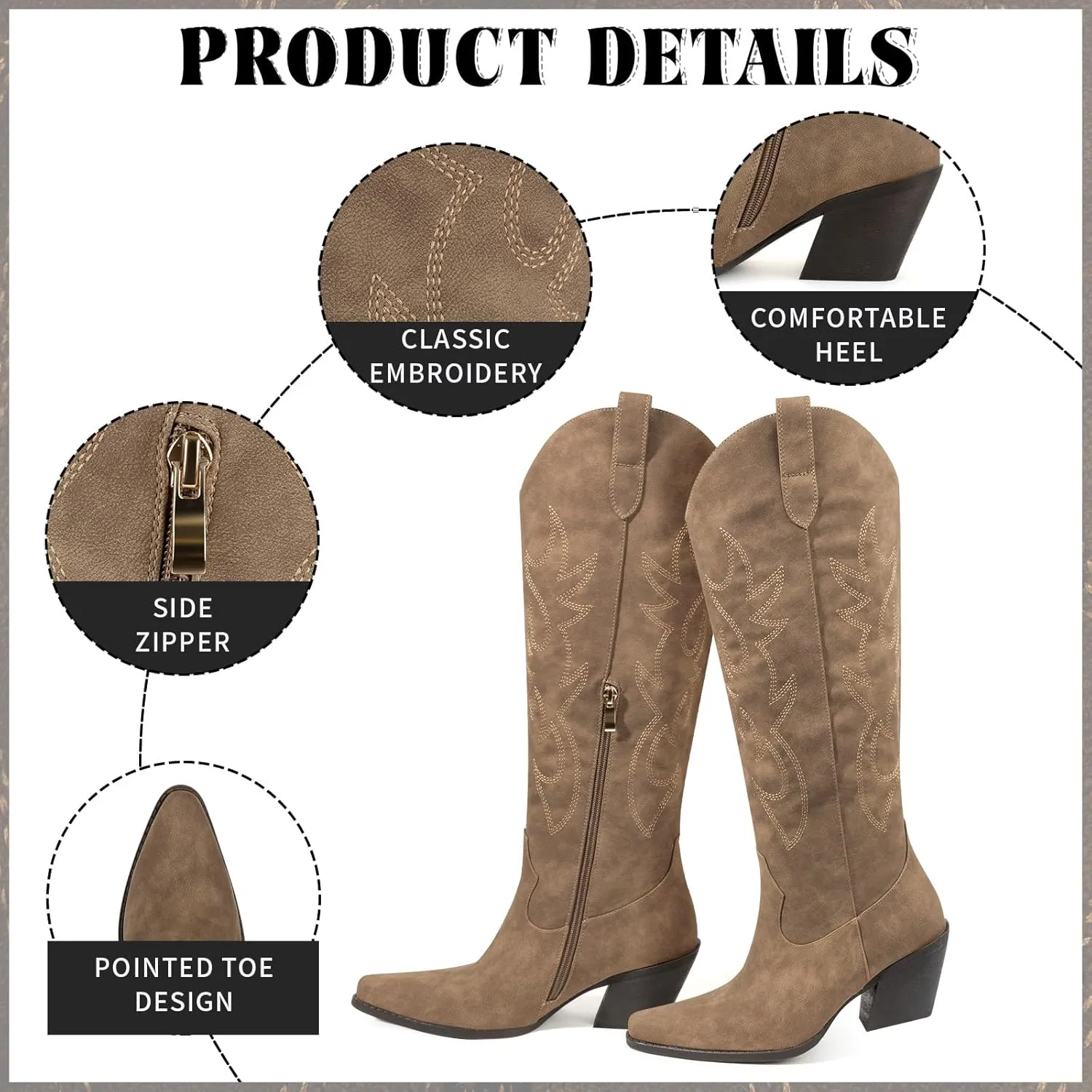 Women's Embroidered Wide Calf Western Cowgirl High Knee Boots Pull On Pointed Toe Cowboy Tall Boots for Ladies
